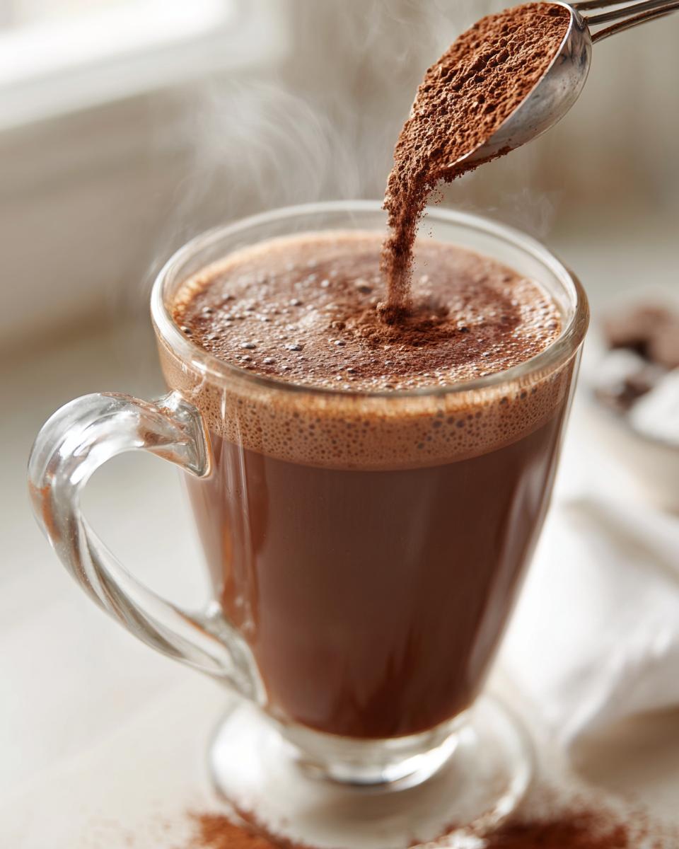 A spoonful of rich brown hot cocoa mix is being poured into a steaming glass mug of hot chocolate.