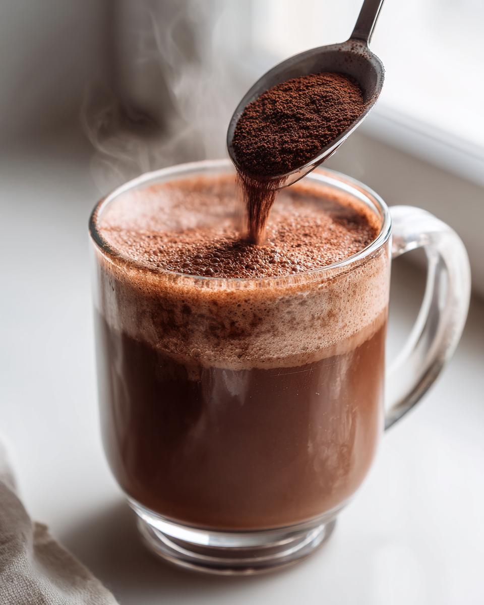 A spoonful of rich hot cocoa mix is being poured into a steaming glass mug of hot chocolate.