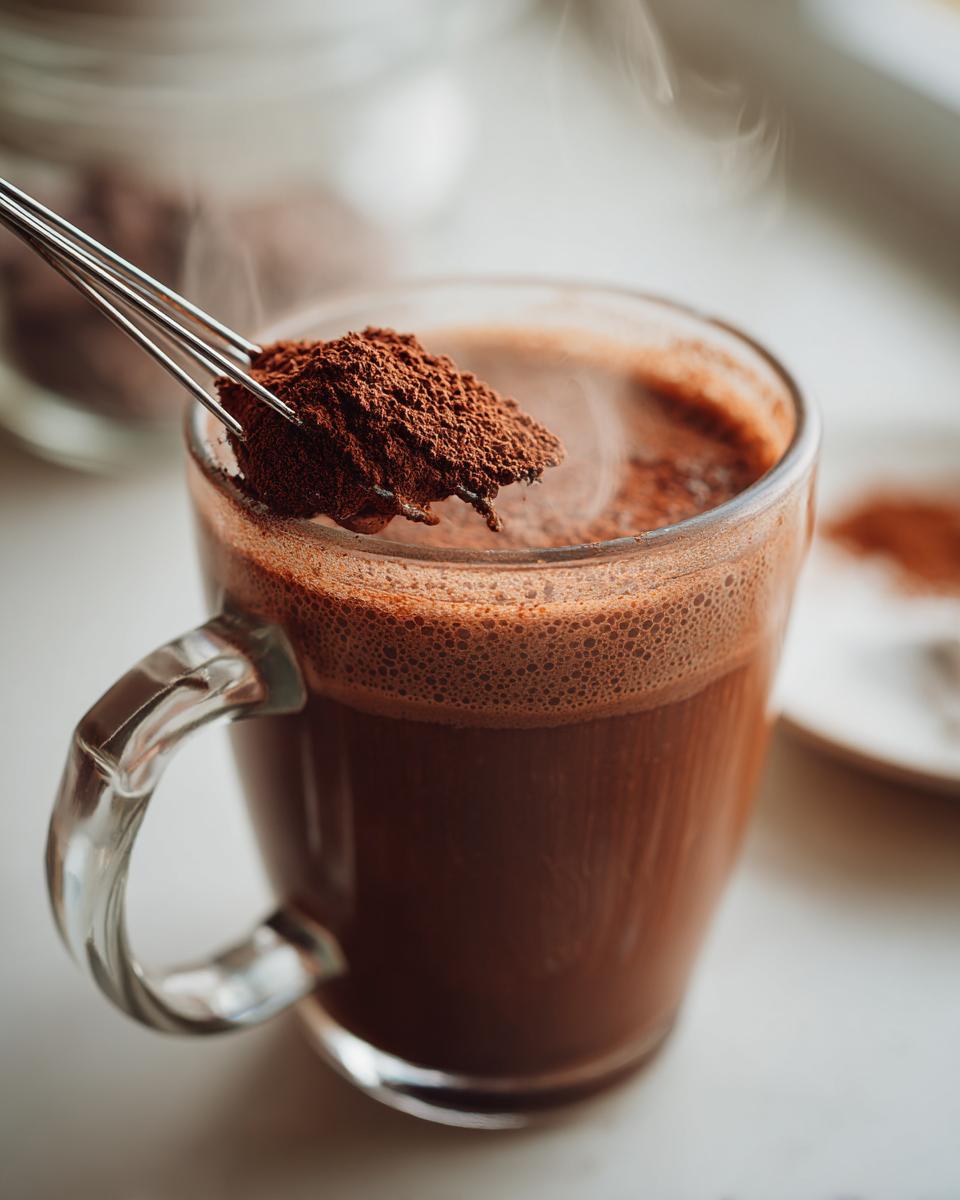 A small whisk holds a mound of dark powder being added to a steaming mug of hot cocoa mix.