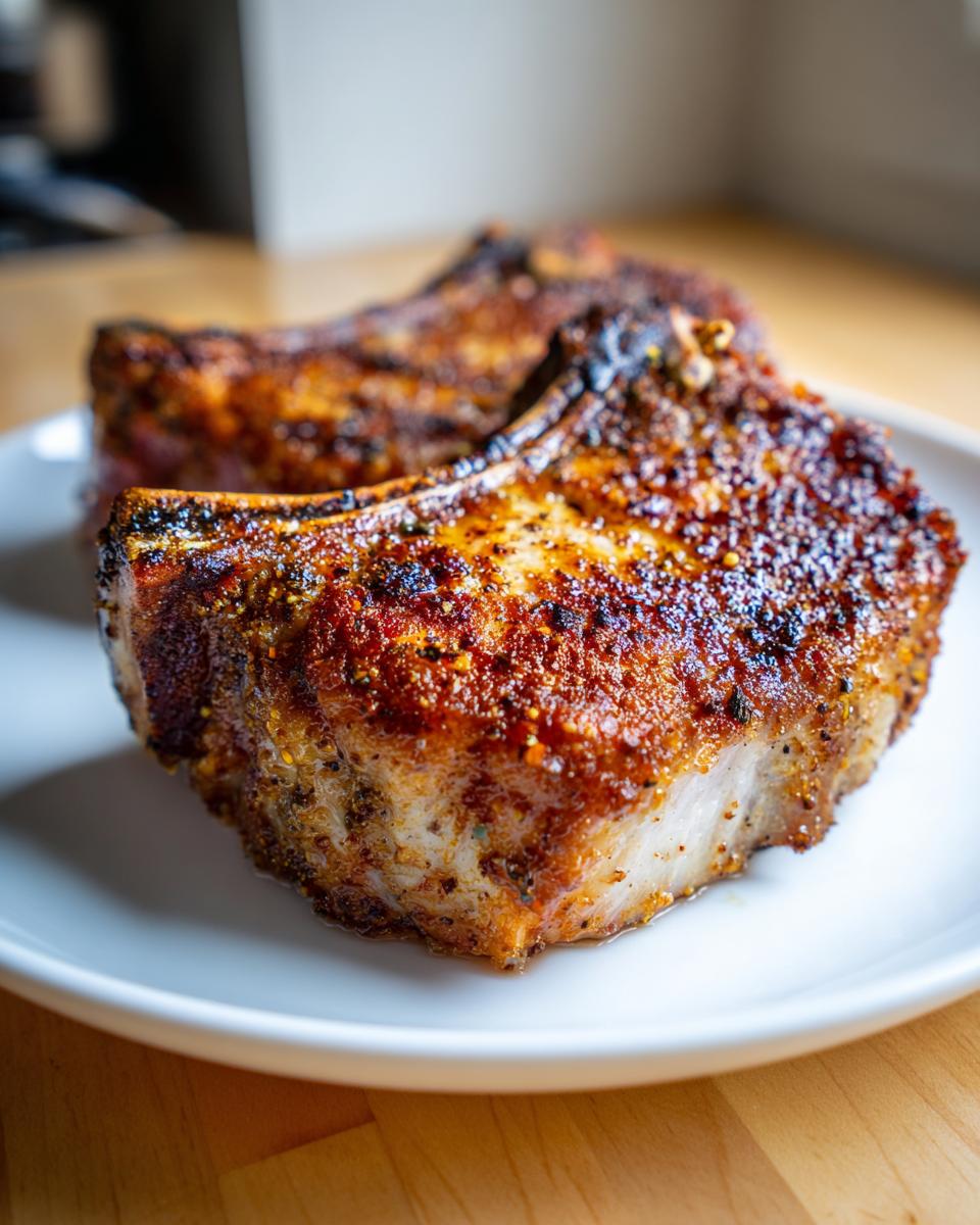 Close-up of two thick, bone-in air fryer pork chops with a dark, flavorful crust served on a white plate.