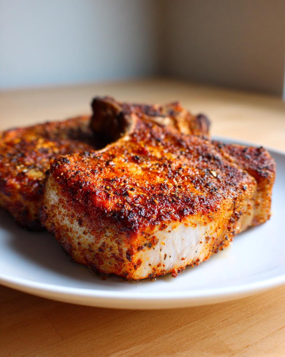 Close-up of thick, juicy air fryer pork chops coated in a rich, dark spice rub, resting on a white plate.