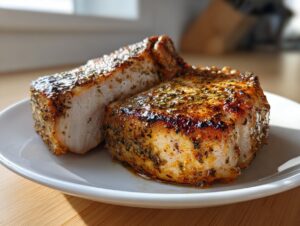 Two thick, juicy air fryer pork chops seasoned with herbs, resting on a white plate.