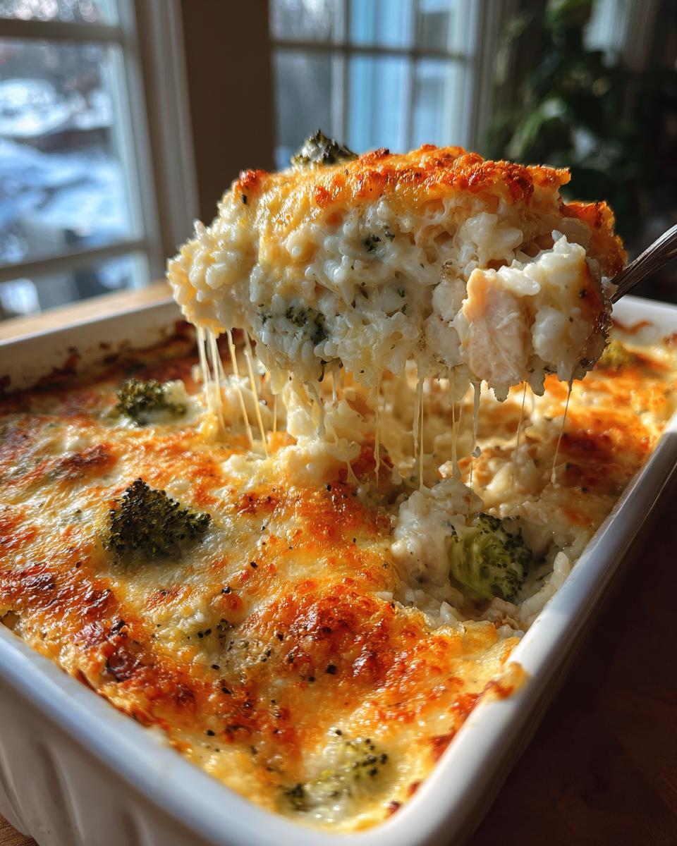 A spoonful of creamy, cheesy rice casserole with broccoli being lifted from a baking dish.