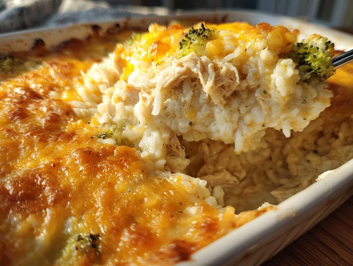 Close-up of a serving spoon lifting a creamy portion of amazing 1-dish rice casserole with shredded chicken and melted cheese topping.