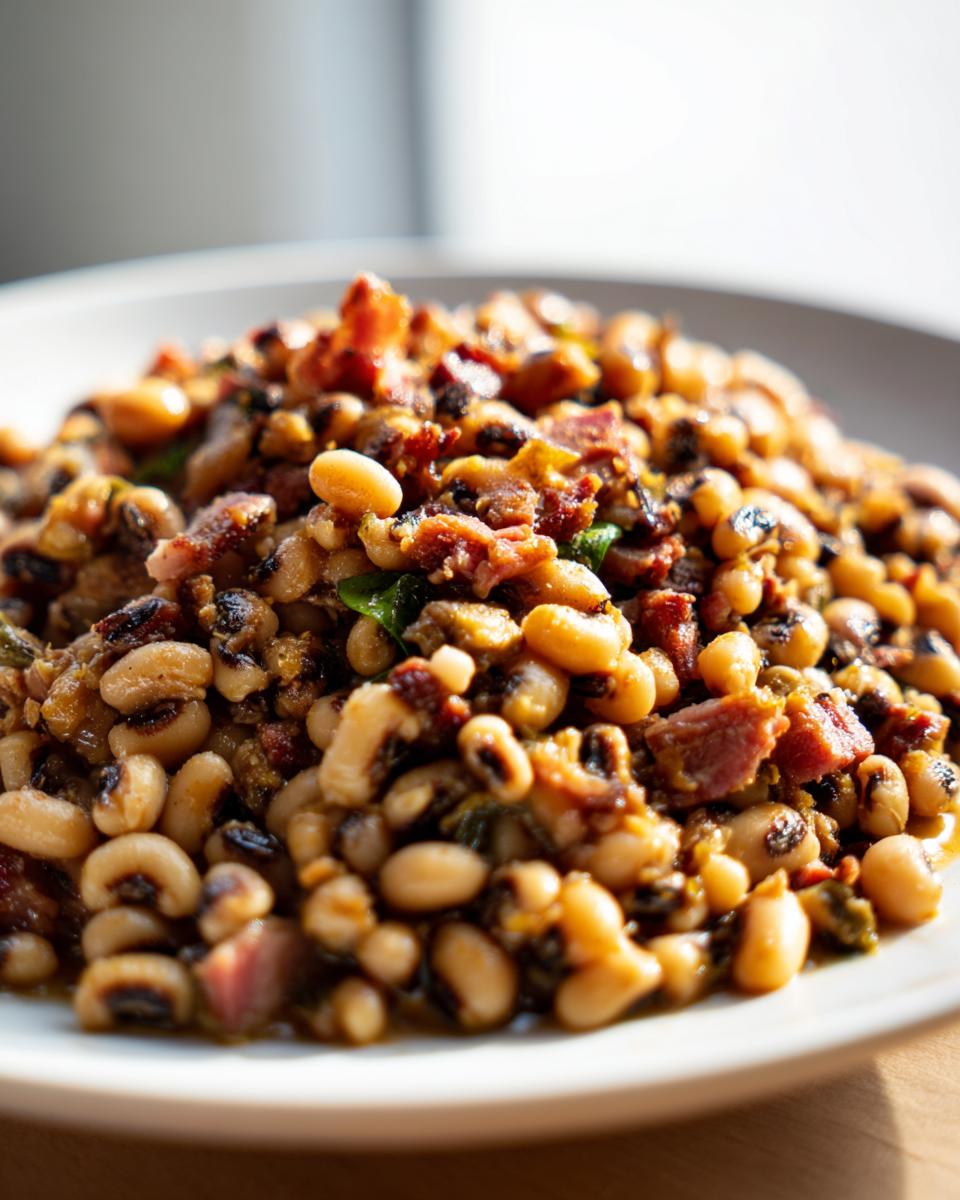 A close-up serving of savory black eyed peas cooked with visible chunks of bacon on a white plate.