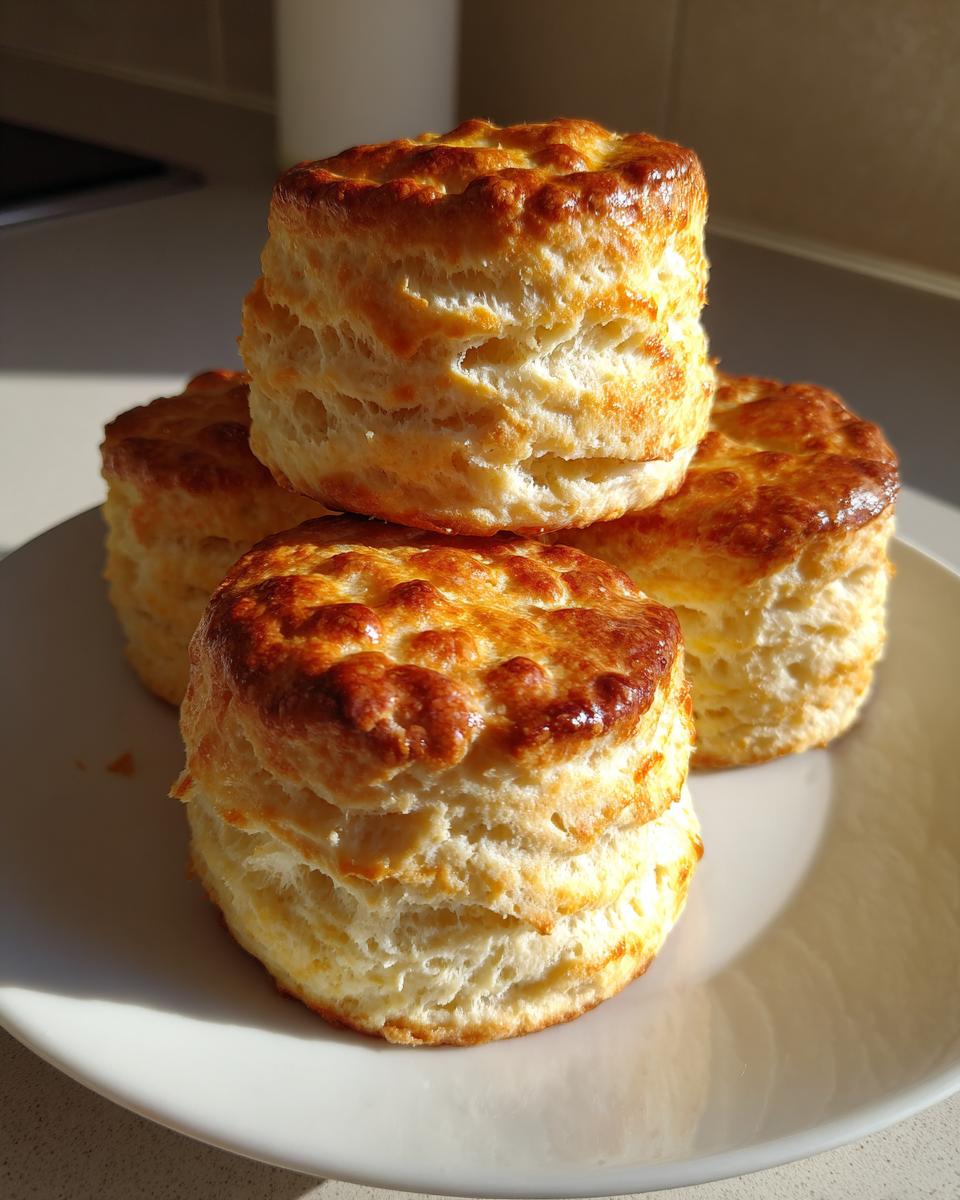 Four tall, flaky, golden brown scones stacked slightly on a white plate, ready to eat.