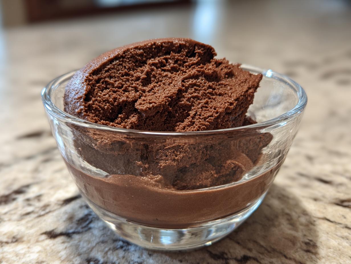 A close-up view of a generous scoop of dark, airy chocolate mousse served in a small clear glass bowl.