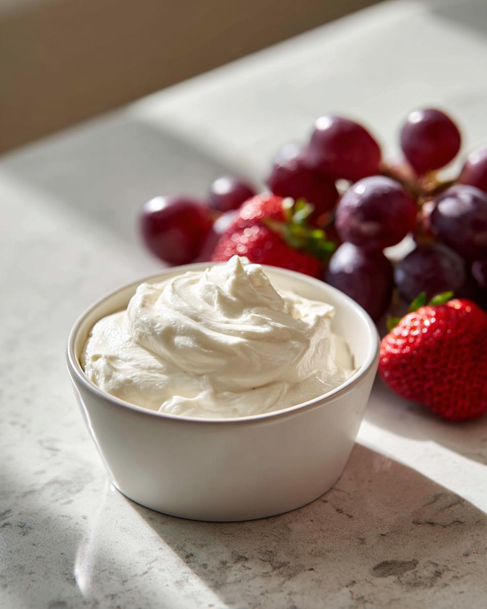 A bowl of creamy white fruit dip served alongside fresh strawberries and red grapes.