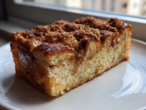 A close-up of a moist slice of baked french toast topped with a thick, sugary cinnamon streusel.