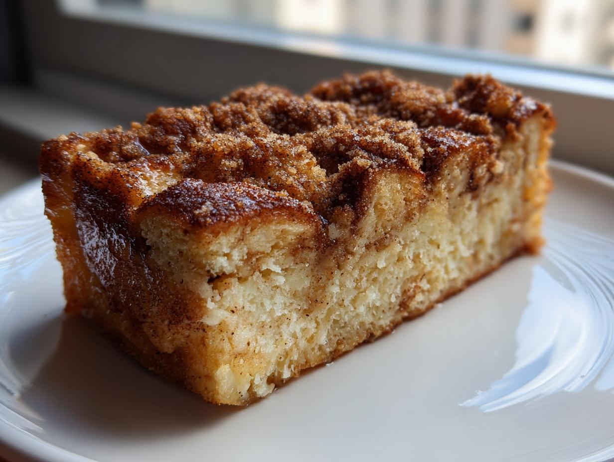 A close-up of a moist slice of baked french toast topped with a thick, sugary cinnamon streusel.