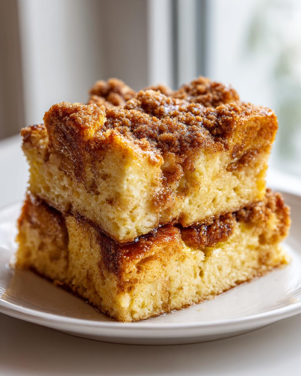 Two stacked squares of amazing baked french toast topped with a thick cinnamon streusel topping.