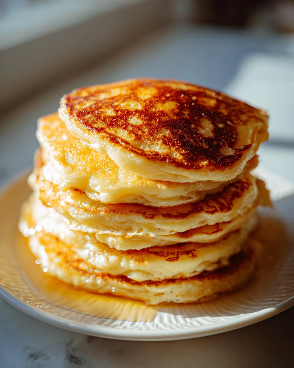 A tall stack of fluffy, golden-brown banana pancakes drizzled with syrup, beautifully lit by sunlight.