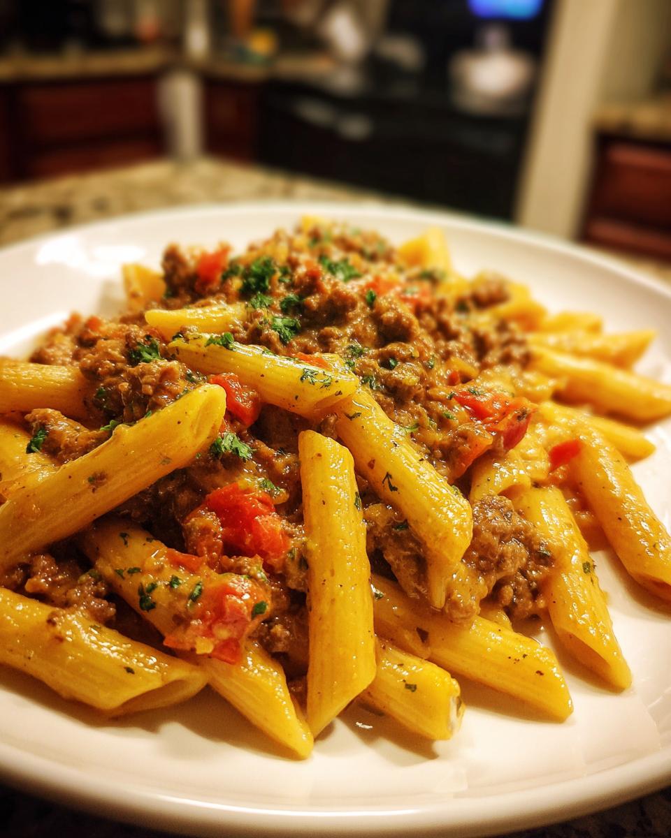 A close-up of a serving of creamy beef pasta featuring penne noodles coated in a rich meat sauce and garnished with parsley.