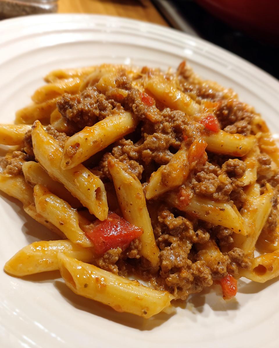 Close-up of a serving of amazing beef pasta featuring penne noodles coated in a rich meat sauce with visible chunks of tomato.