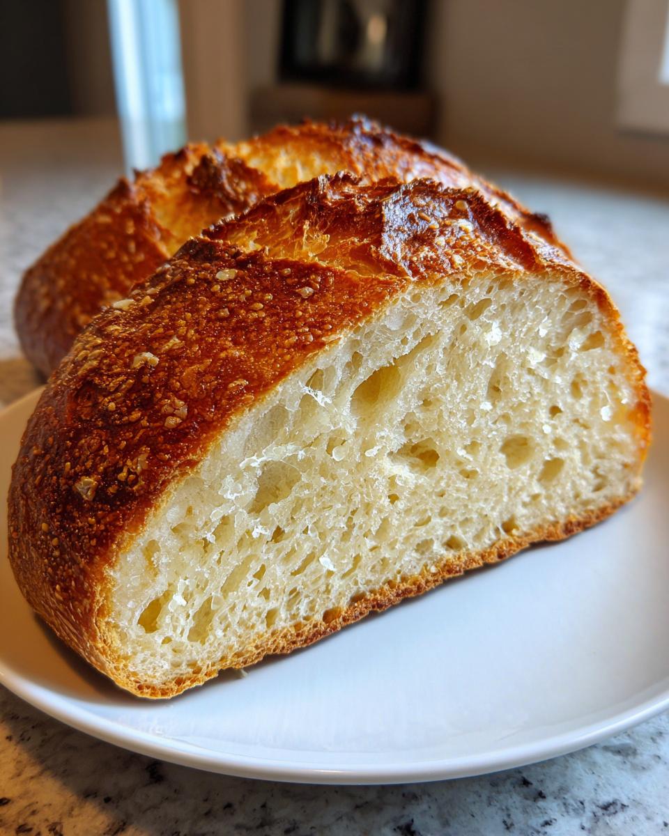 Close-up of a freshly baked beer bread loaf, sliced open to show the airy, open crumb structure.