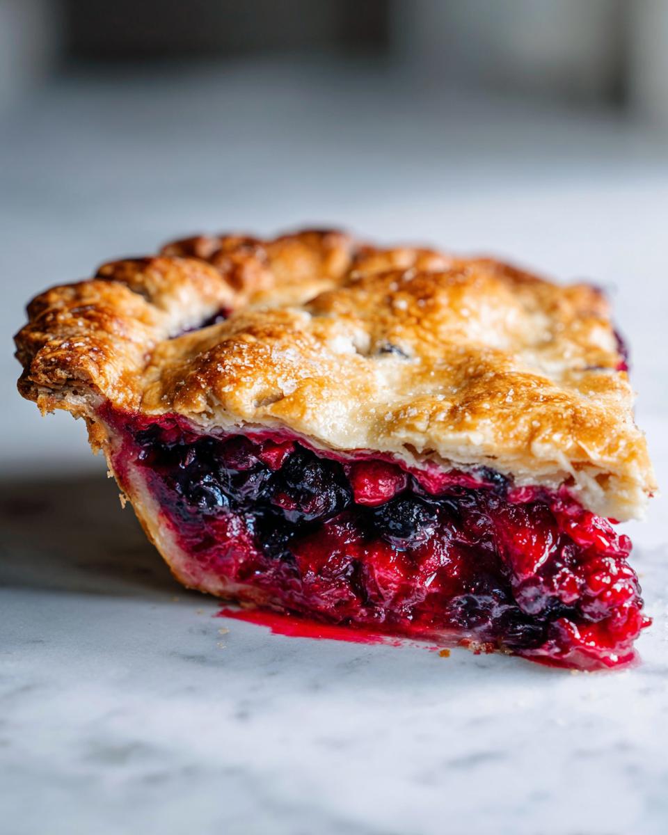 A close-up of a thick slice of berry pie showing the juicy, dark red filling and flaky, sugared crust.