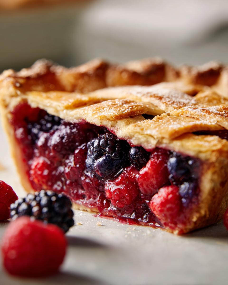 A close-up, cross-section view of an amazing berry pie slice showing juicy mixed berries and a golden lattice crust.