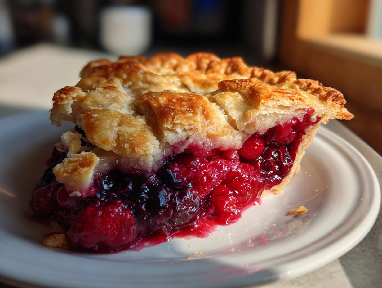 Close-up of a thick slice of berry pie showing a juicy, deep red berry filling and golden, flaky top crust.