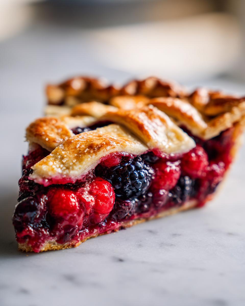 Close-up of a juicy slice of berry pie showing raspberries and blackberries under a golden lattice crust.