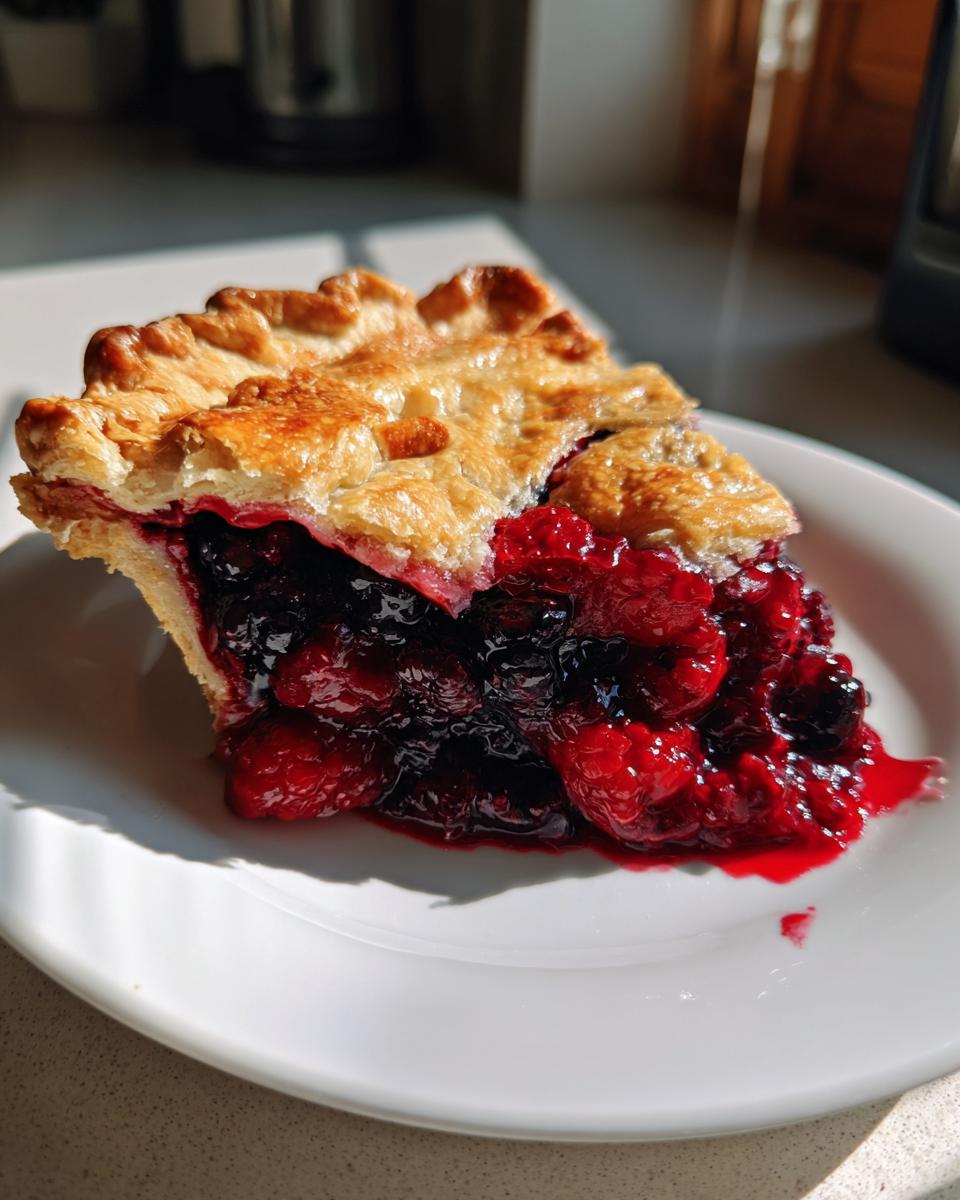A close-up of a juicy slice of berry pie showing rich red and dark berries overflowing onto a white plate.