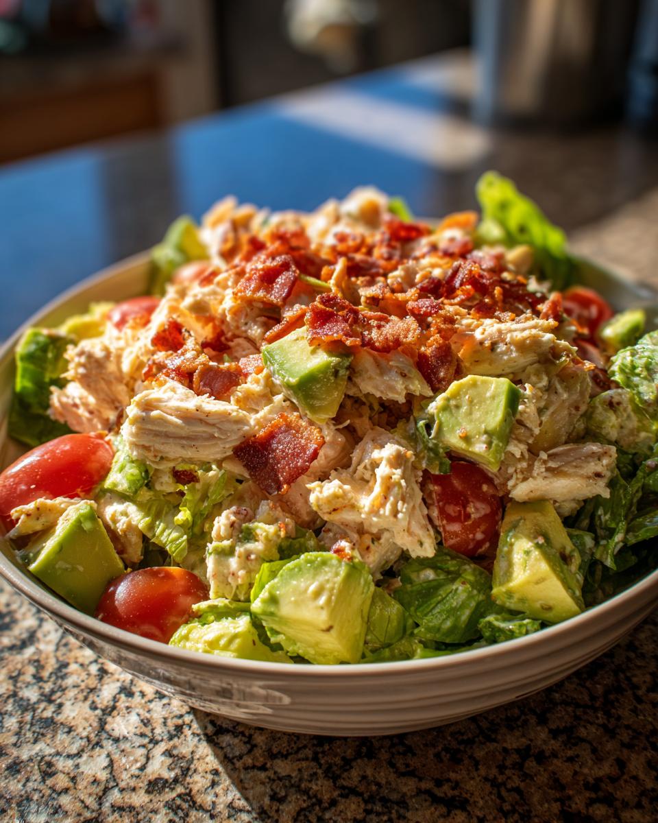 A close-up bowl filled with amazing blt chicken salad, featuring shredded chicken, avocado chunks, bacon bits, and cherry tomatoes over lettuce.