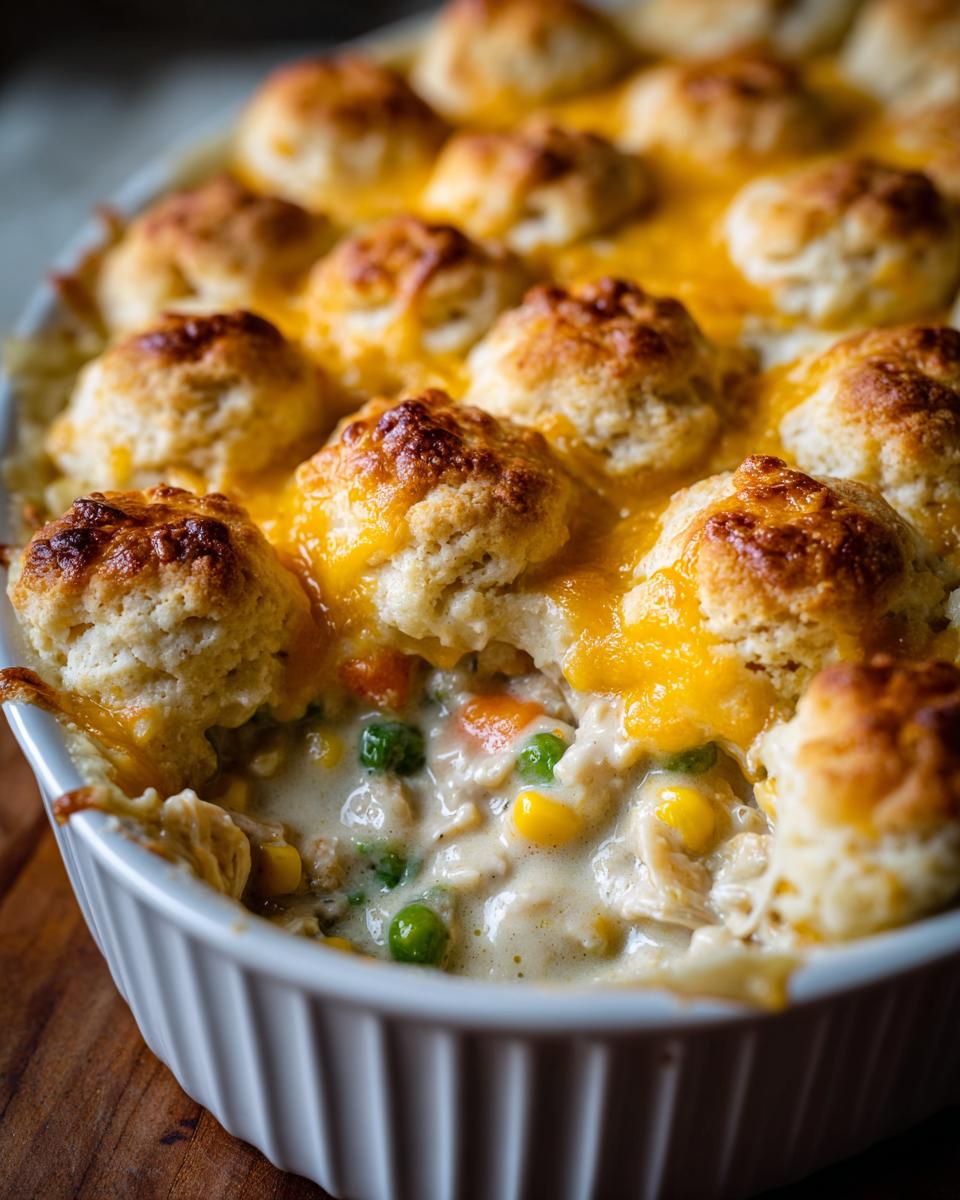 Close-up of a creamy chicken cobbler topped with golden biscuits and melted cheddar cheese.