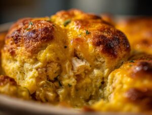 A close-up, mouthwatering shot of amazing chicken cobbler showing a golden, cheesy biscuit topping pulled back to reveal creamy chicken filling.