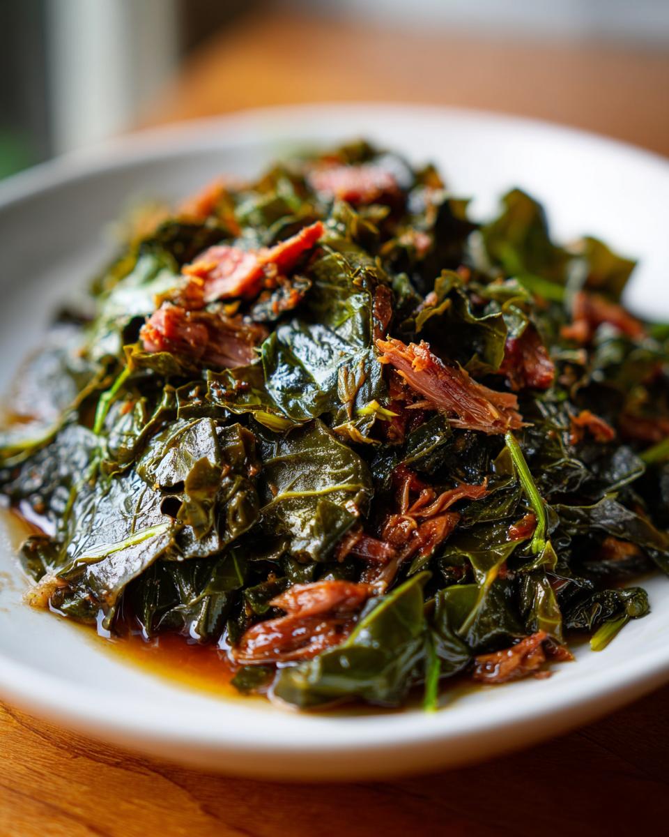 Close-up of tender, slow-cooked collard greens mixed with shredded smoked meat served in a white bowl.