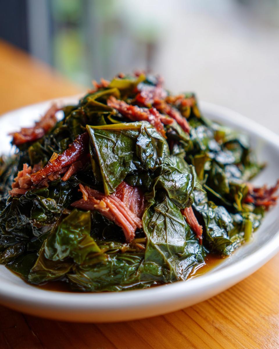 A close-up of tender, slow-cooked collard greens served on a white plate with shreds of smoked meat.