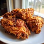 Four pieces of golden brown, extra crispy fried chicken piled on a white plate.