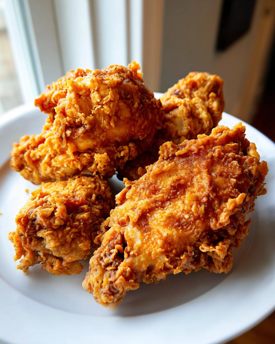 Four pieces of perfectly cooked, crispy fried chicken with a golden-brown, textured crust served on a white plate.