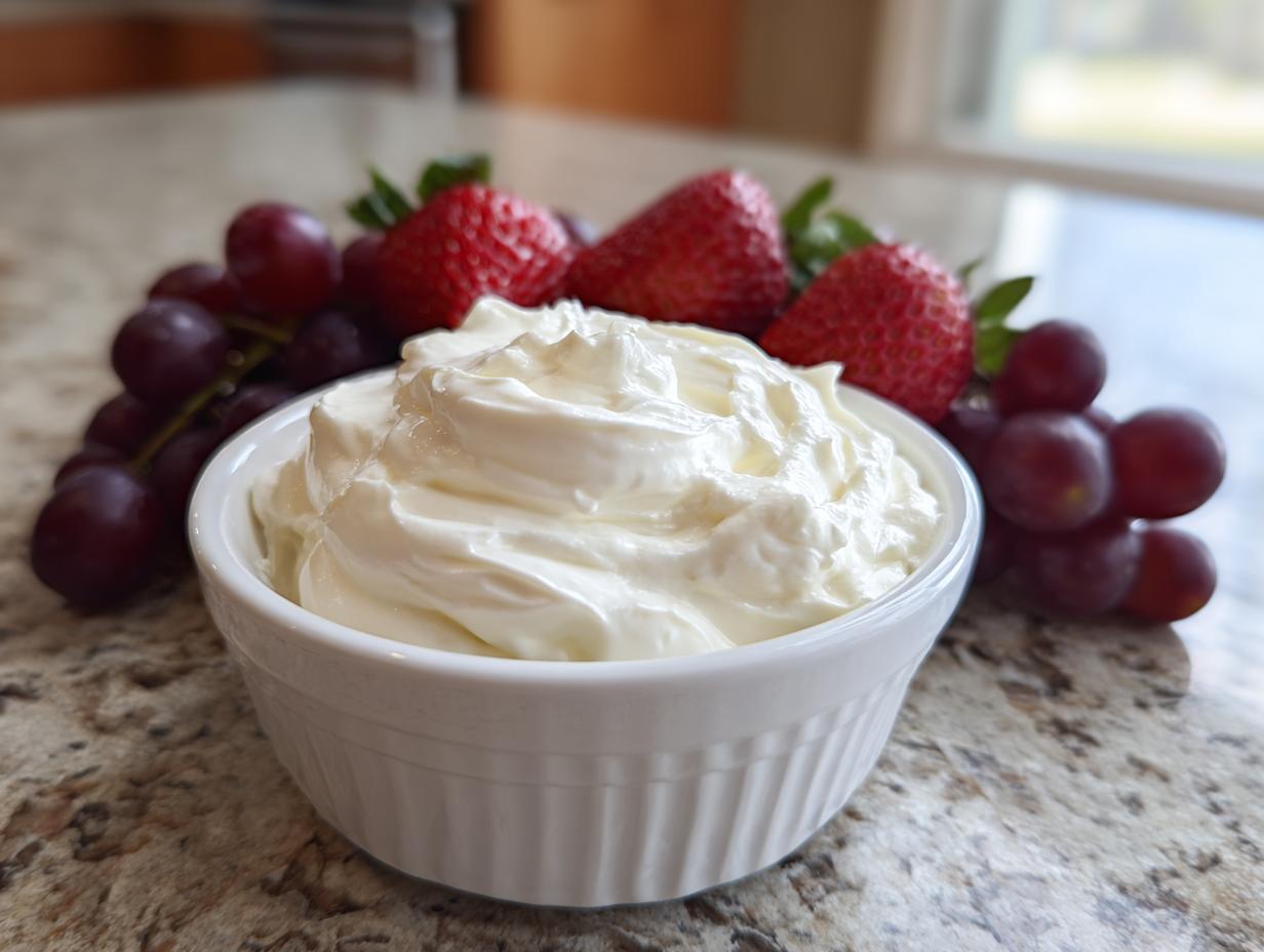 A white bowl filled with creamy fruit dip, surrounded by fresh red grapes and strawberries.