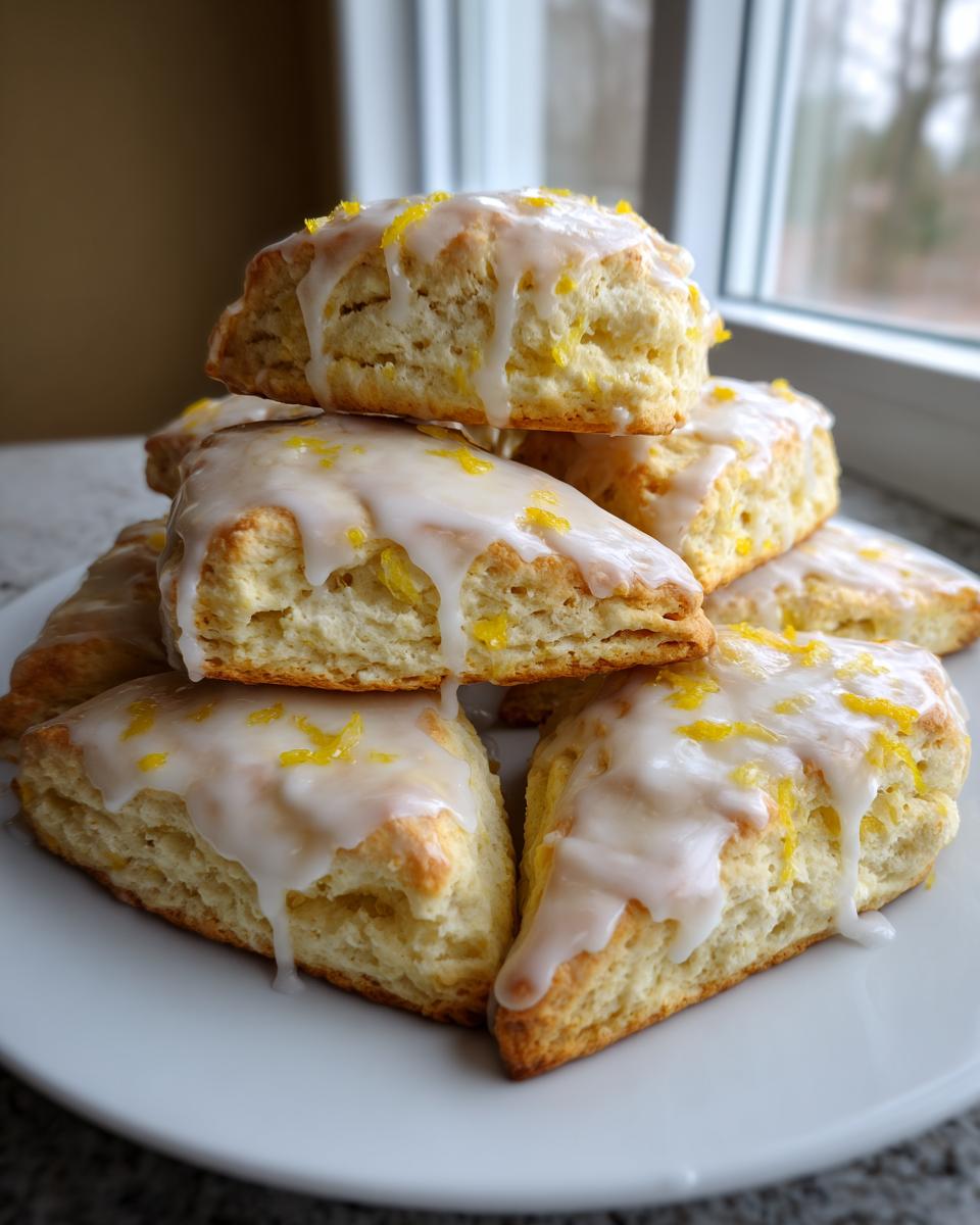 A stack of freshly baked, triangular lemon scones topped with white glaze and bright yellow lemon zest.