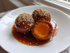 Three glossy, brown marinated eggs served on a white plate with sesame seeds and savory sauce.