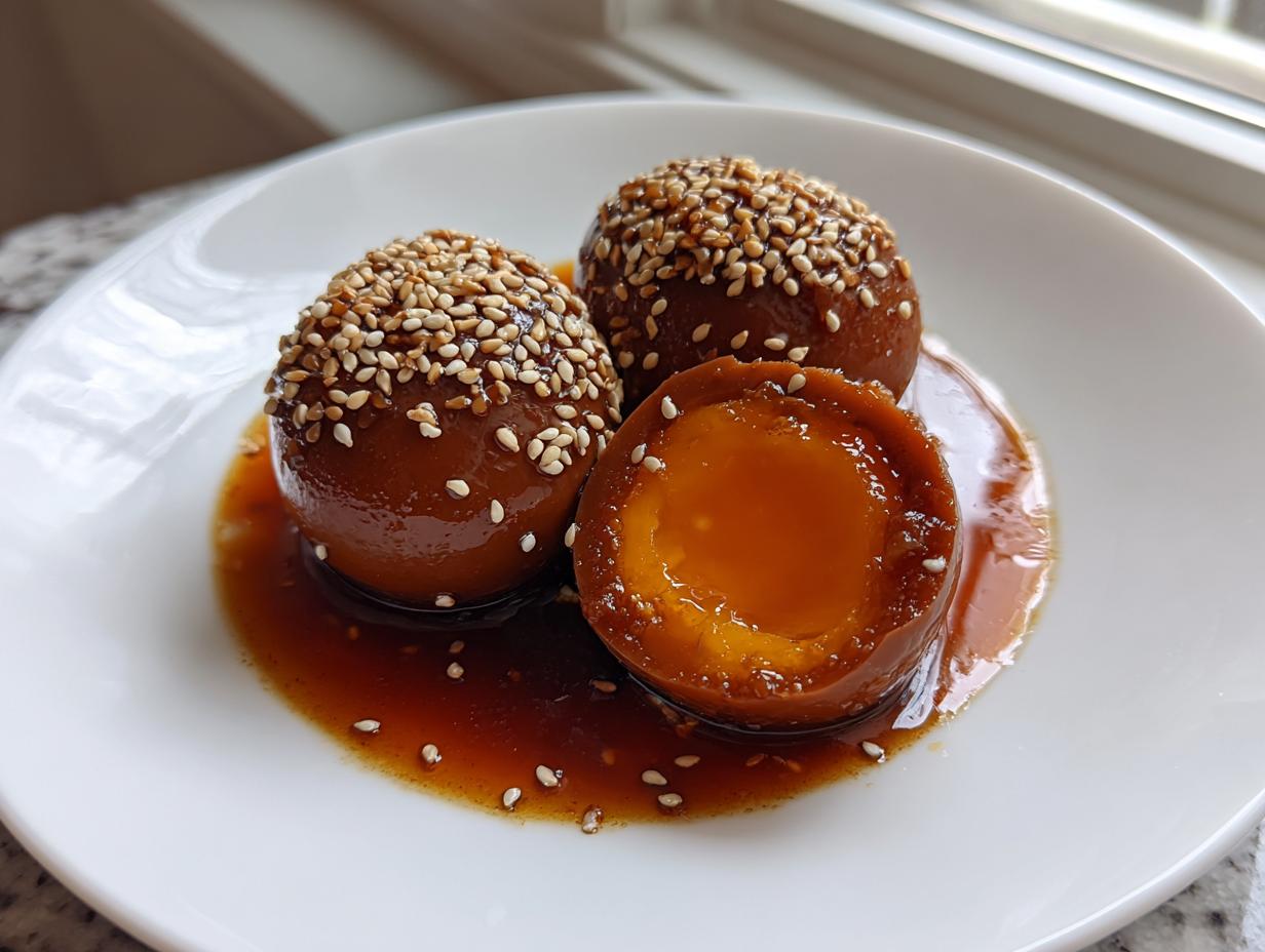Three glossy, brown marinated eggs served on a white plate with sesame seeds and savory sauce.