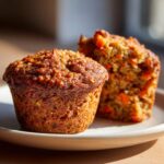 Close-up of two morning glory muffins, one whole and one halved to show the carrot texture inside.