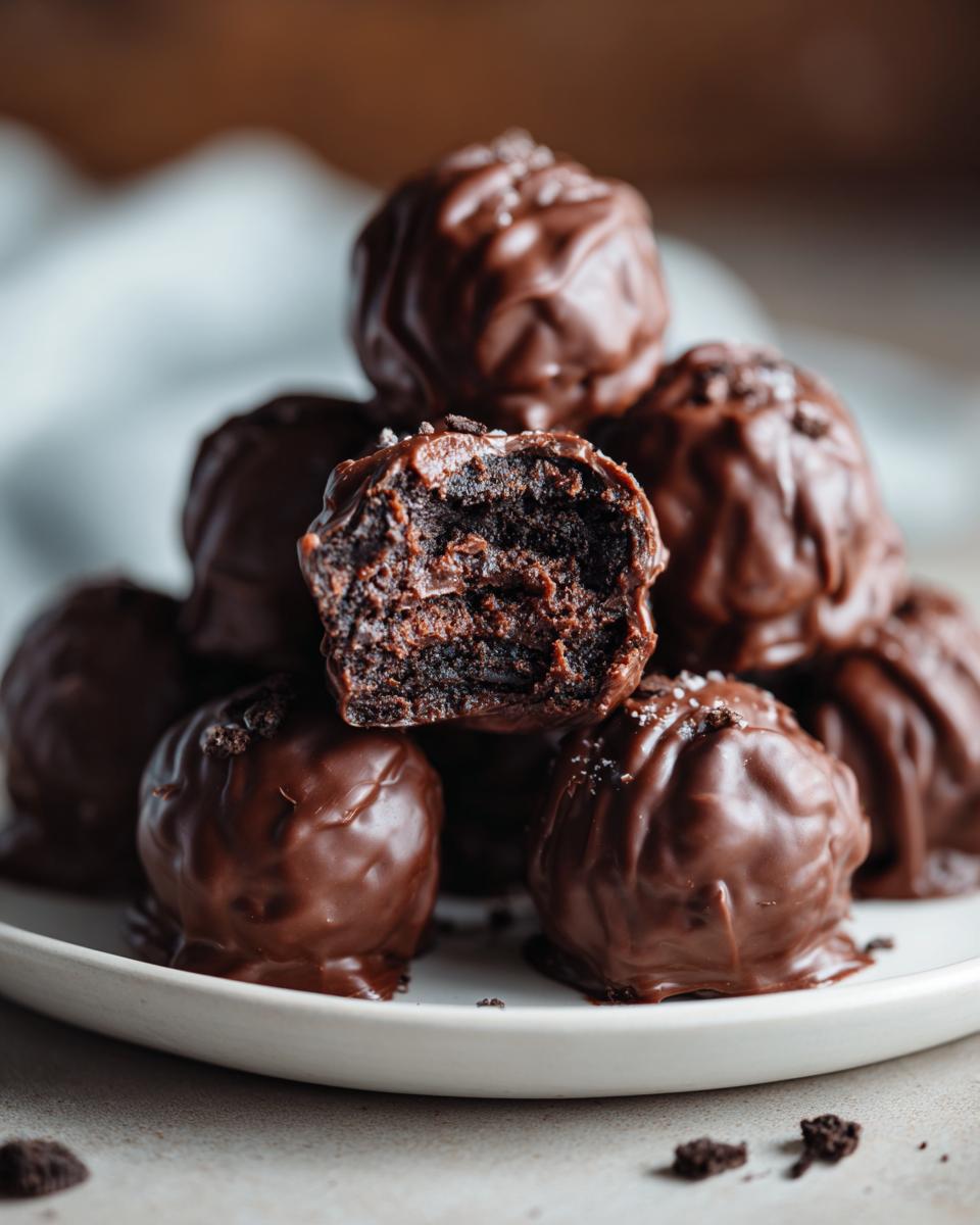 A stack of decadent chocolate-covered Oreo balls, one cut open to show the dark, rich filling.
