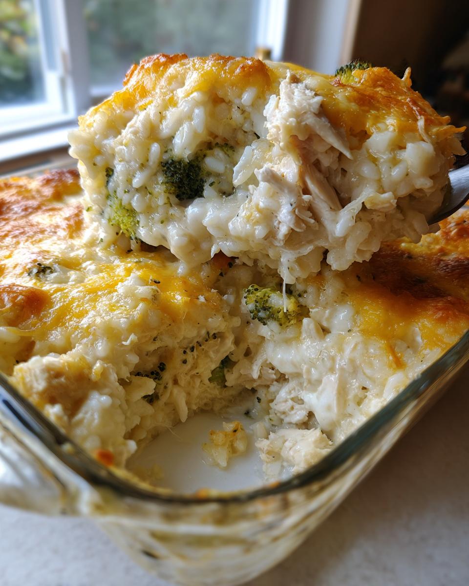 A spoonful of creamy chicken and broccoli rice casserole being lifted from a glass baking dish, showing melted cheese topping.