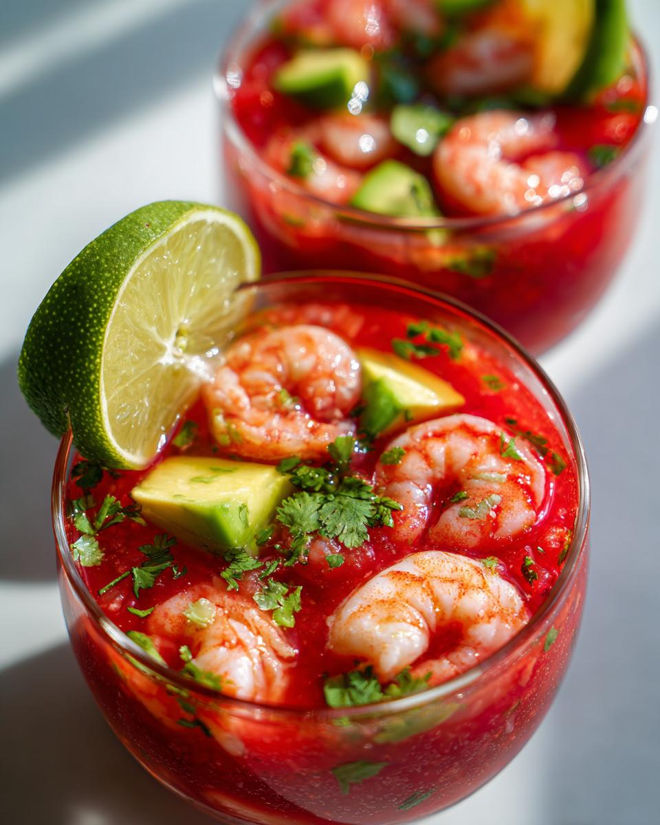 Close-up of a refreshing shrimp cocktail served in a glass with bright red sauce, shrimp, avocado chunks, and a lime wedge.
