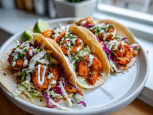 Three delicious shrimp taco shells filled with seasoned shrimp, coleslaw, and drizzled with white sauce.