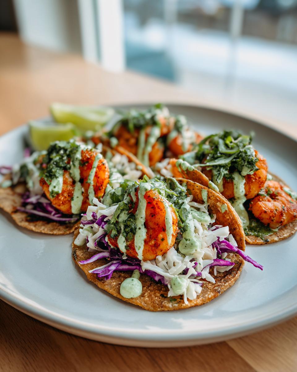 Close-up of four amazing shrimp taco servings on a plate, topped with slaw, seasoned shrimp, and creamy green sauce.