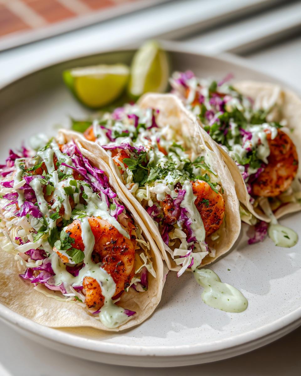 Three fully loaded shrimp taco shells filled with seasoned shrimp, purple cabbage slaw, and drizzled with green sauce.
