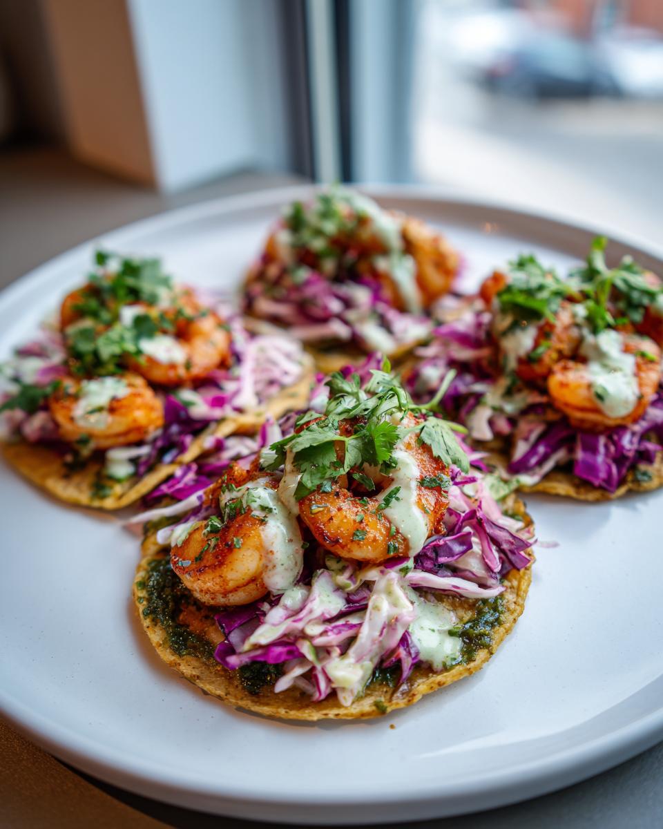 Four delicious shrimp taco tostadas topped with seasoned shrimp, purple cabbage slaw, green sauce, and cilantro.
