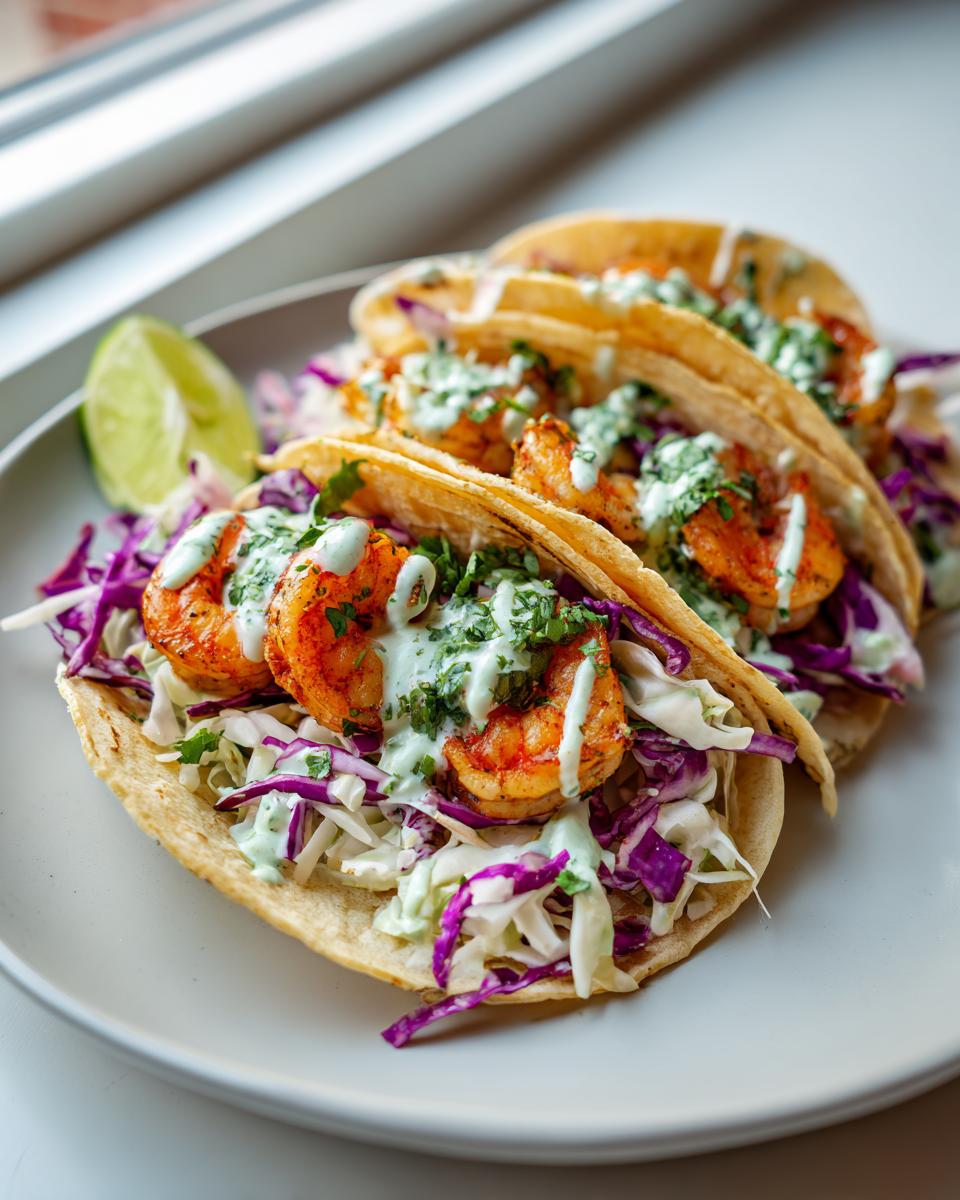 Three delicious shrimp taco shells filled with seasoned shrimp, purple and white cabbage slaw, and drizzled with a creamy green sauce.