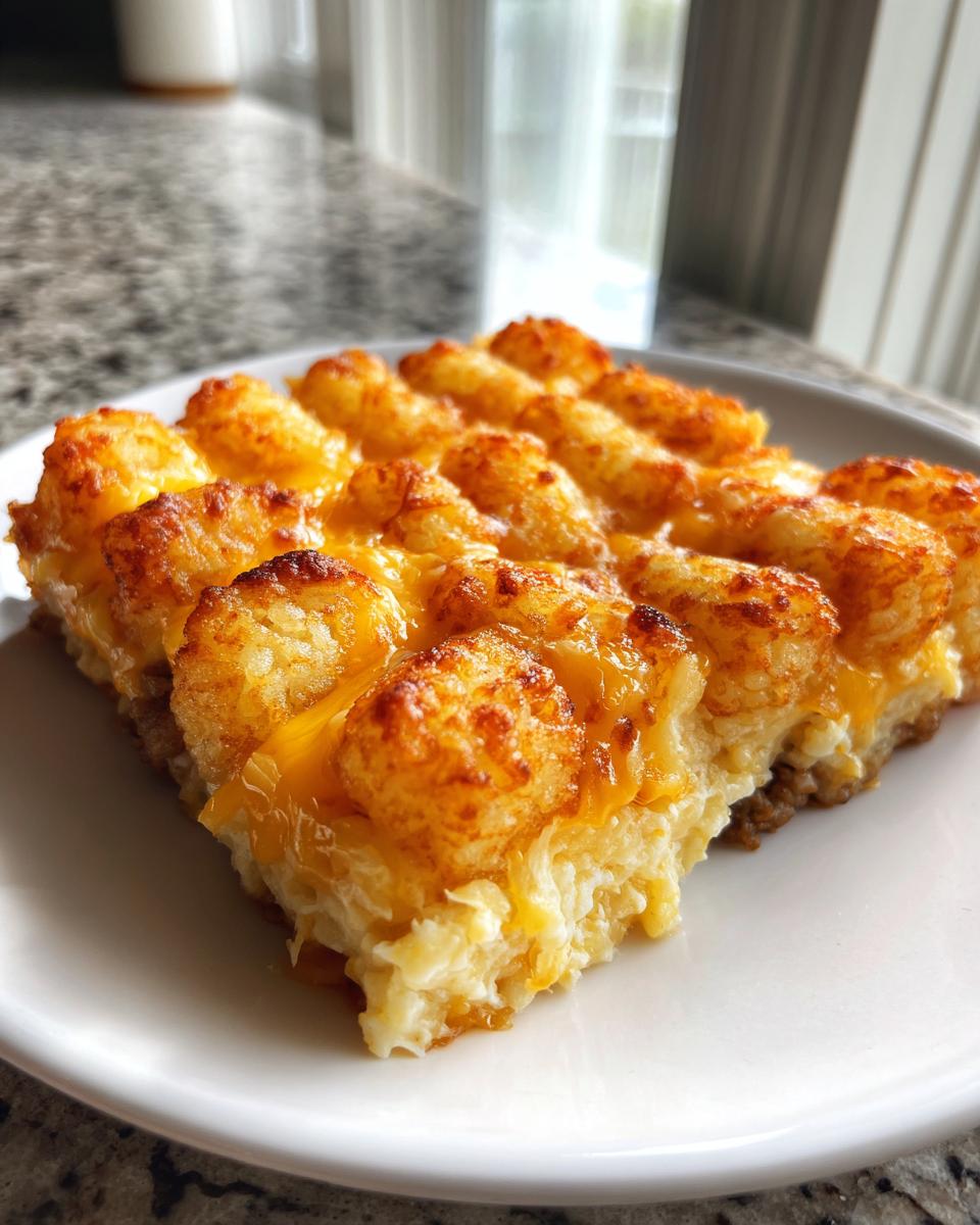 A square serving of cheesy tater tot casserole topped with golden brown tater tots and melted cheddar cheese.