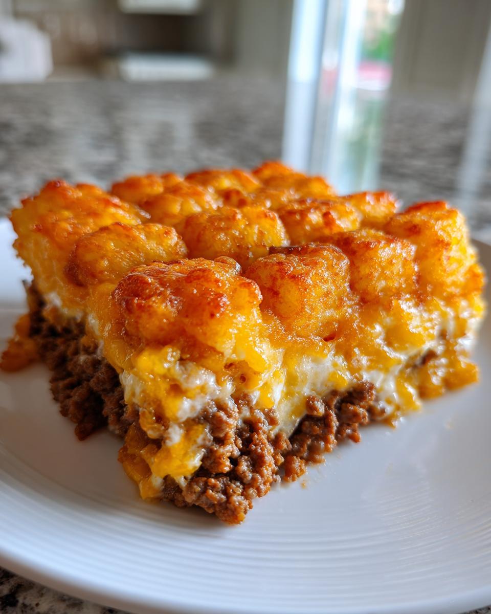 A close-up slice of amazing tater tot casserole showing a layer of seasoned ground beef topped with creamy sauce and crispy, cheesy tater tots.