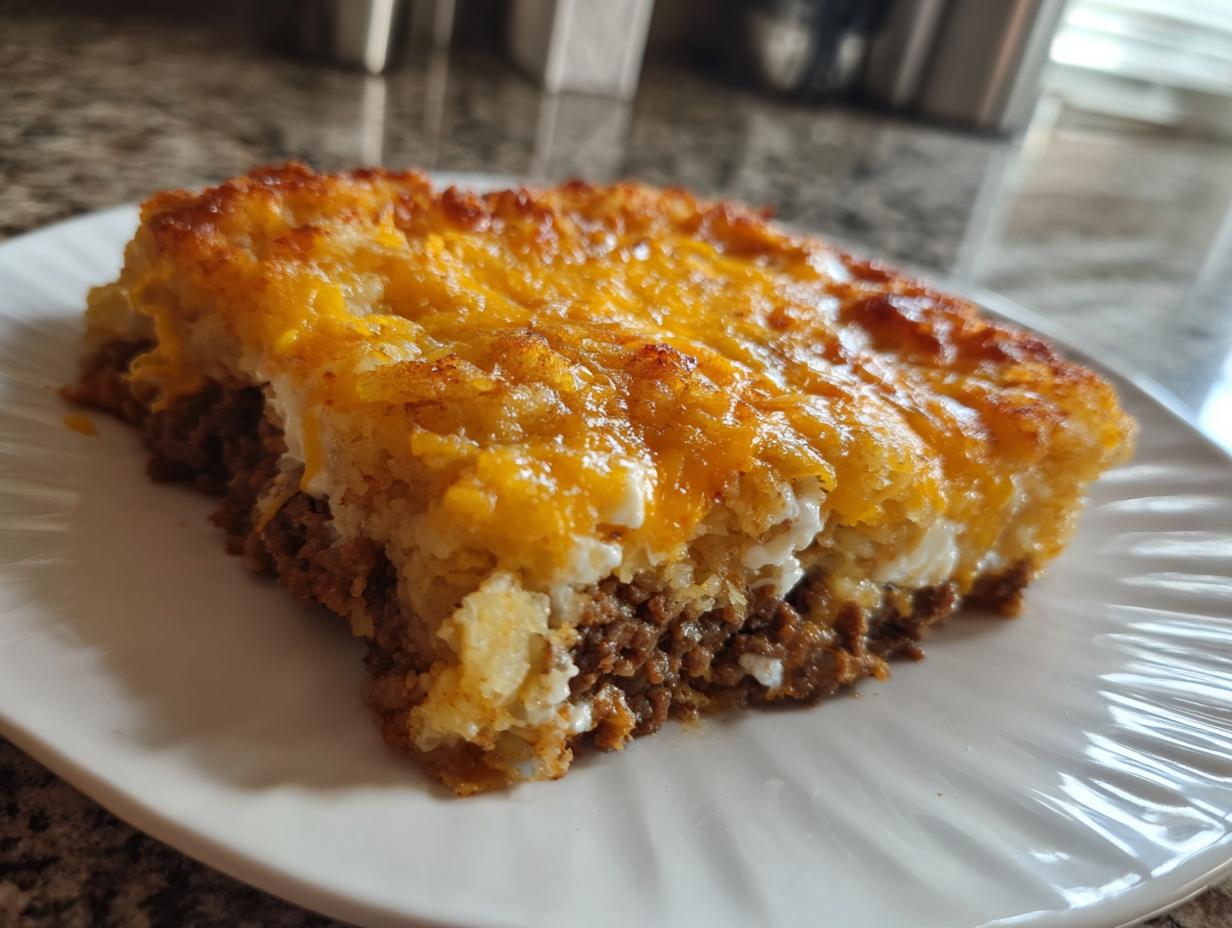 A close-up slice of amazing tater tot casserole featuring a ground meat layer topped with creamy potatoes and melted cheddar cheese.