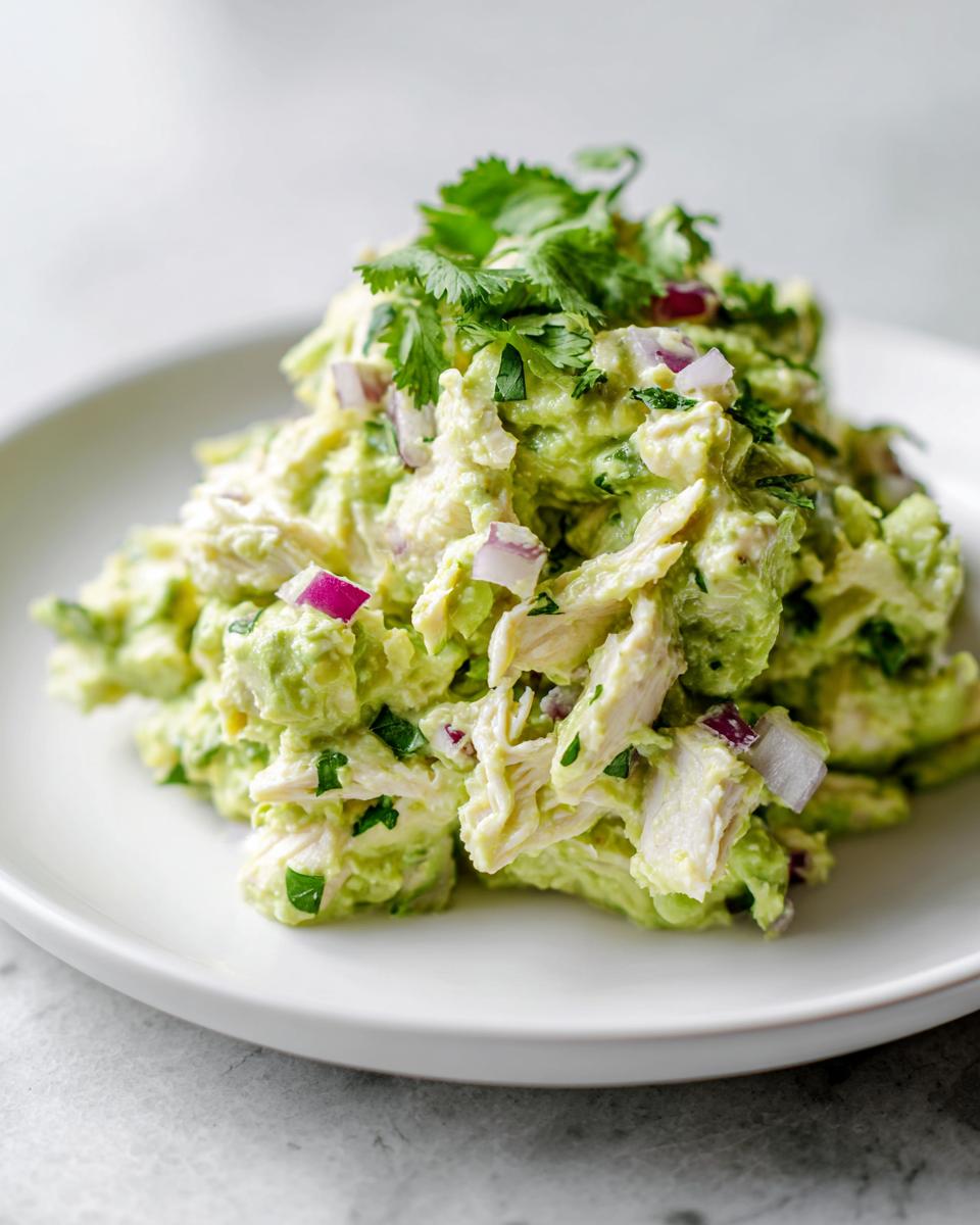A mound of creamy avocado chicken salad mixed with red onion and topped with fresh cilantro.