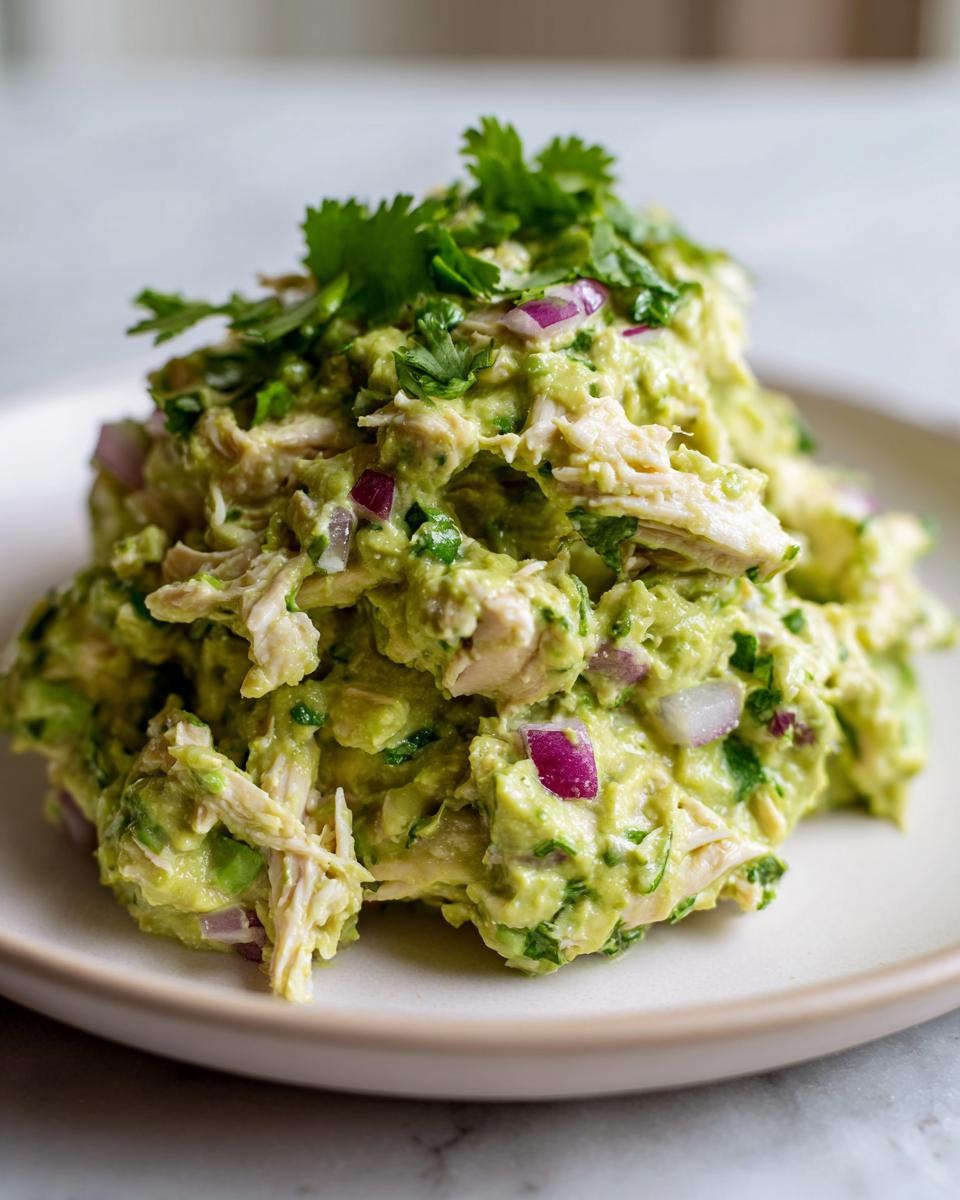 A mound of creamy avocado chicken salad mixed with shredded chicken, red onion, and topped with fresh cilantro.