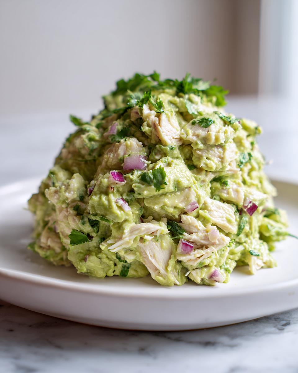 A mound of creamy avocado chicken salad mixed with red onion and cilantro, served on a white plate.